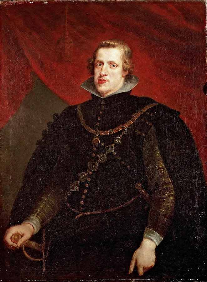 Baroque portrait by Peter Paul Rubens showing Philip IV of Spain standing in black embroidered attire with a gold chain and sword, set against a deep red curtain, his pale face and high white collar illuminated as he gazes toward the viewer.