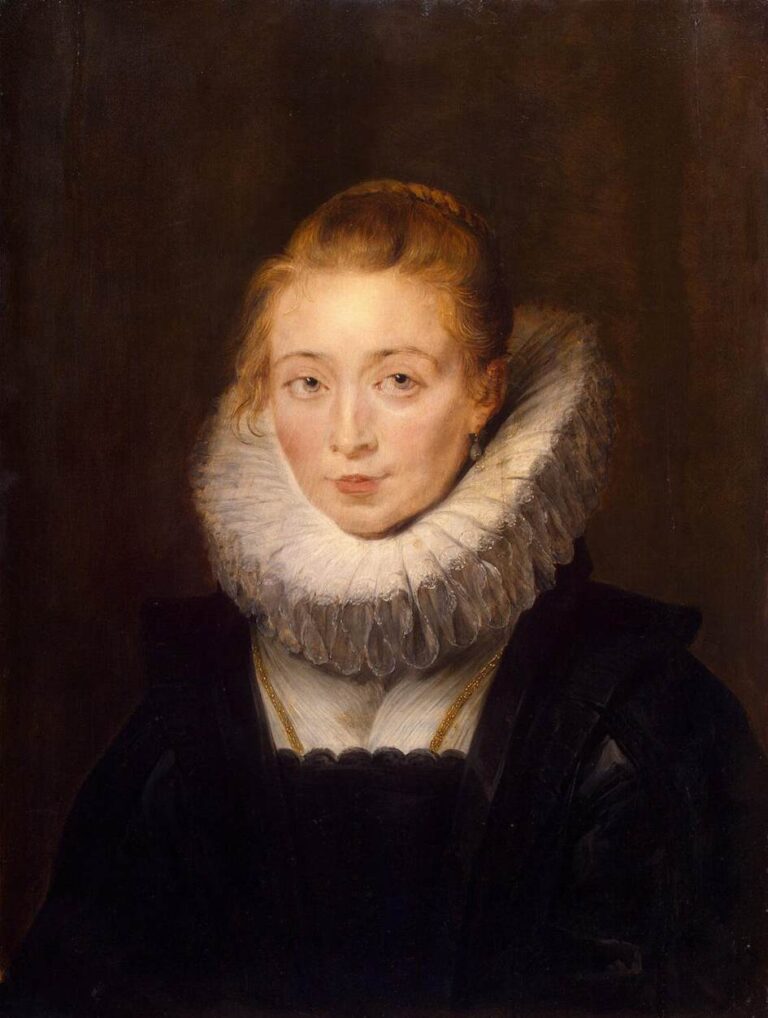 Half-length Baroque portrait by Peter Paul Rubens of a young woman in a large white lace ruff and dark dress against a warm brown background, her hair neatly bound, a small gold chain at her neck, and a composed, direct gaze conveying quiet courtly dignity.