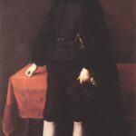 Full length portrait of a seventeenth century Spanish gentleman in black clothing and white ruff collar standing beside a red covered table, holding his hat and gloves and gazing calmly at the viewer.