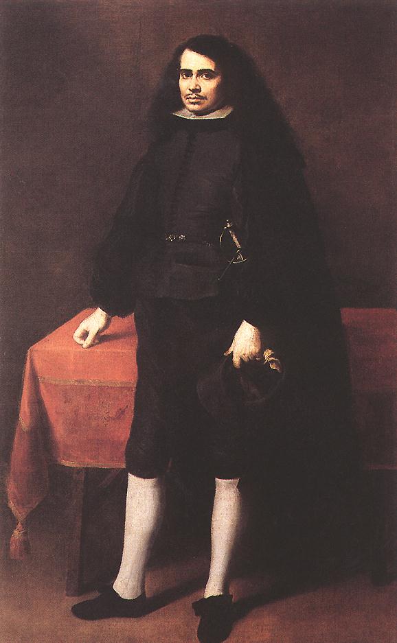 Full length portrait of a seventeenth century Spanish gentleman in black clothing and white ruff collar standing beside a red covered table, holding his hat and gloves and gazing calmly at the viewer.