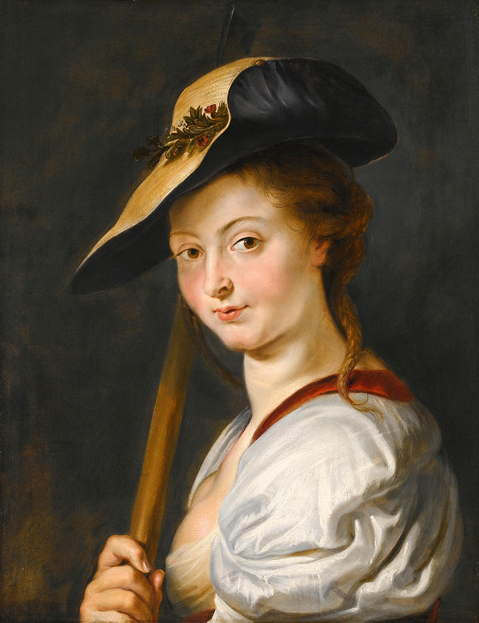 Portrait of a young woman in a wide straw hat with flowers, holding a shepherd’s staff and wearing a white blouse, turning toward the viewer with a slight smile against a dark background.