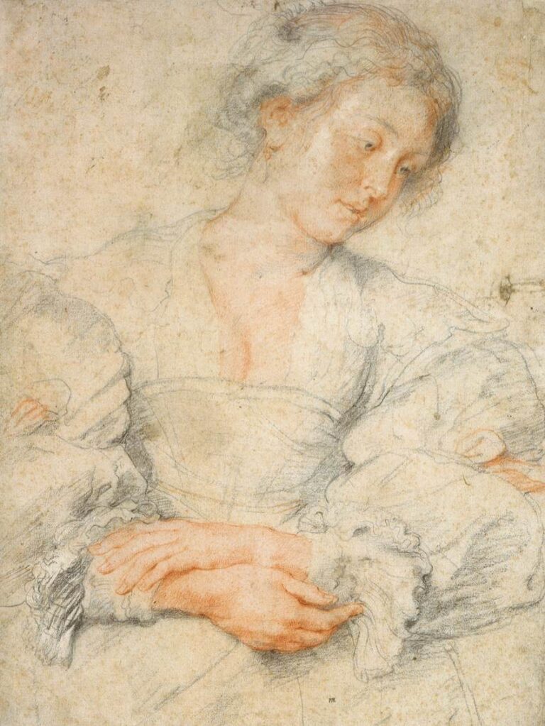 Chalk drawing by Peter Paul Rubens showing a young woman in three-quarter view with head gently tilted downward, her arms crossed and hands folded, wearing voluminous sleeves and rendered in soft black and red chalk on lightly toned paper.