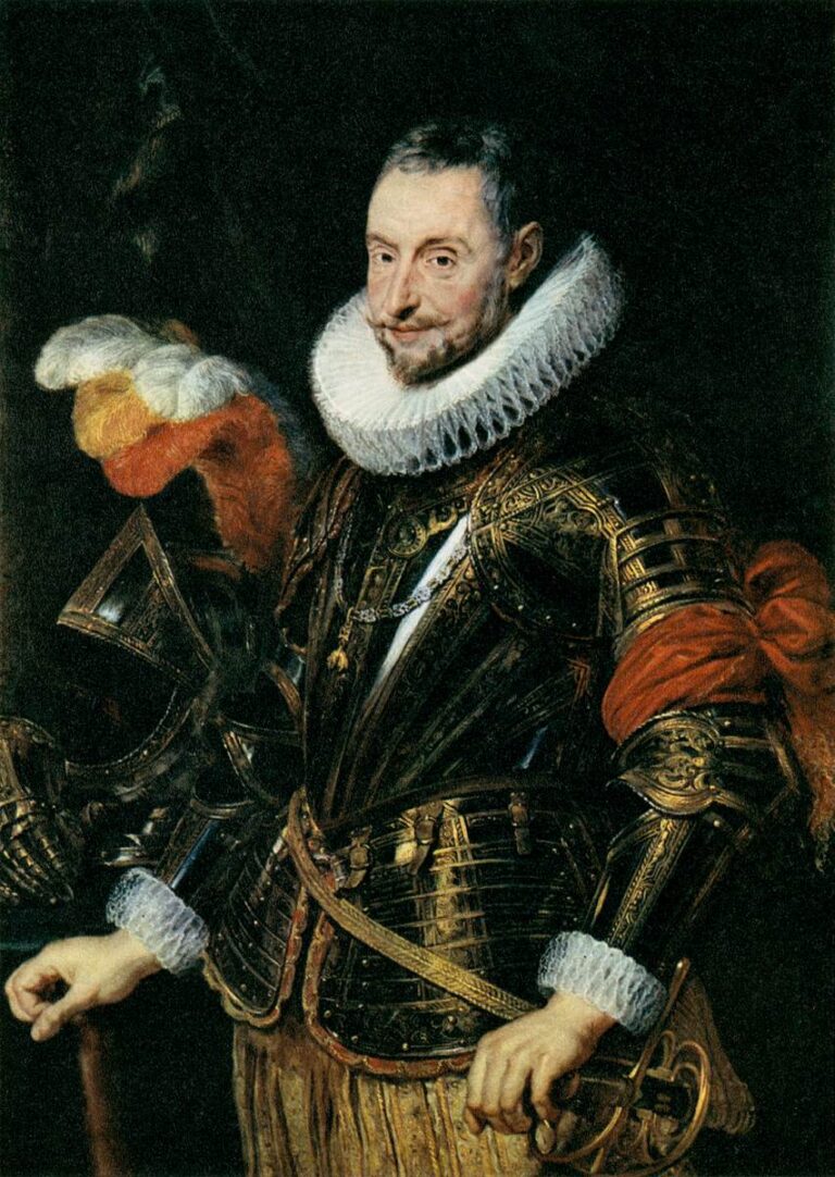 Half-length Baroque portrait of Ambrogio Spinola by Peter Paul Rubens: the seasoned general wears richly etched black-and-gold armor with a white lace ruff and red sash, holds his sword hilt, and stands beside a plumed helmet, his thoughtful eyes and slight smile set against a dark background.
