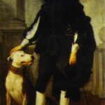 Full length Baroque portrait by Murillo showing Andres de Andrade-i-la Col standing in black cloak and white stockings with one hand resting on a large white dog beside him, set against a subdued architectural background.