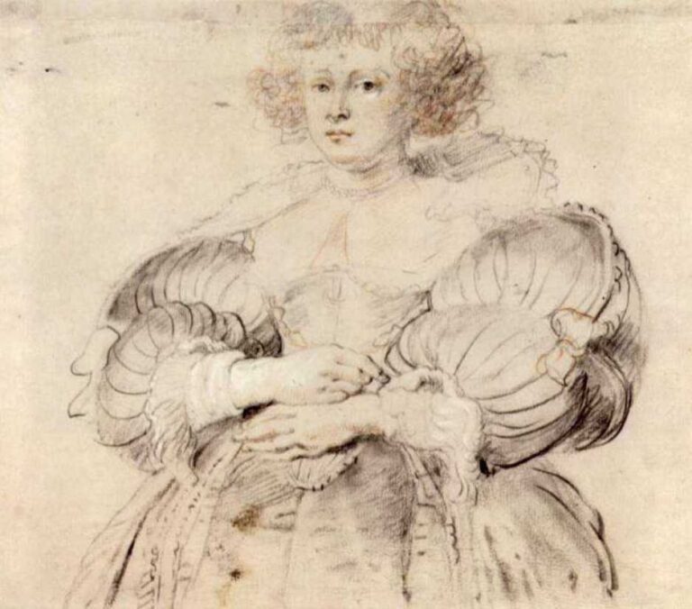 Delicate chalk drawing by Peter Paul Rubens showing Helena Fourment in three-quarter view with softly curled hair, elaborate puffed sleeves, and hands folded at her waist, set against a plain background that emphasizes her calm, dignified presence.