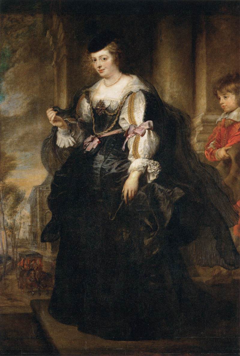 Baroque painting by Peter Paul Rubens showing Helene Fourment standing on stone steps in a black satin gown with white sleeves and pink ribbons, framed by columns, while a child in red stands behind her and a horse-drawn coach moves along a distant city street.