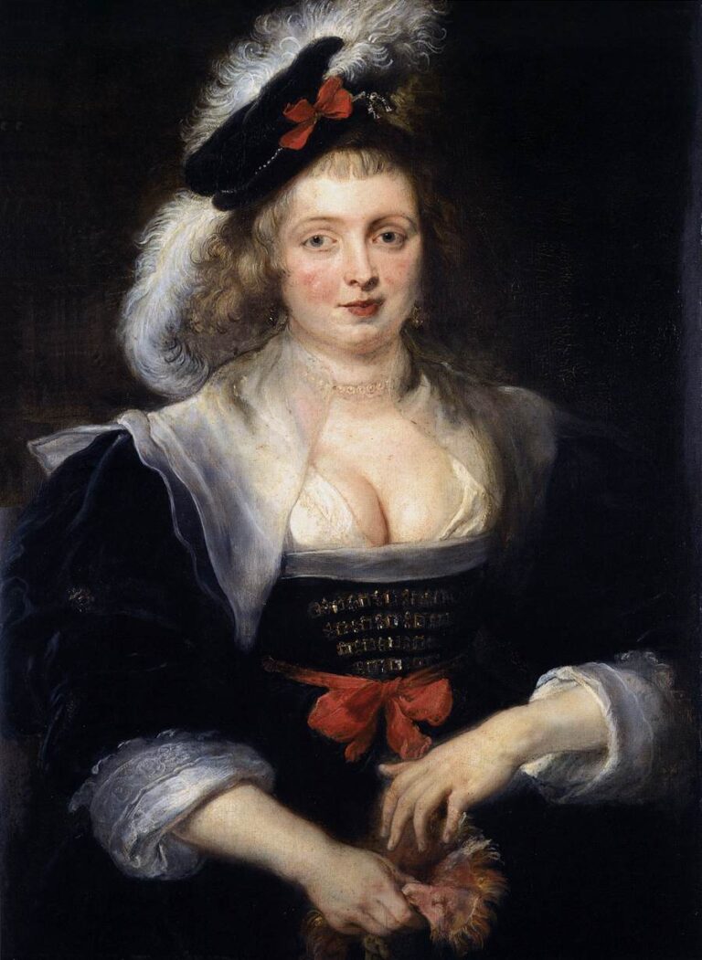 Baroque portrait by Peter Paul Rubens showing Helene Fourment half-length against a dark background, wearing a black dress with a low white bodice, red bows, lace sleeves, and a feathered hat, gently holding a pair of gloves in her hands.