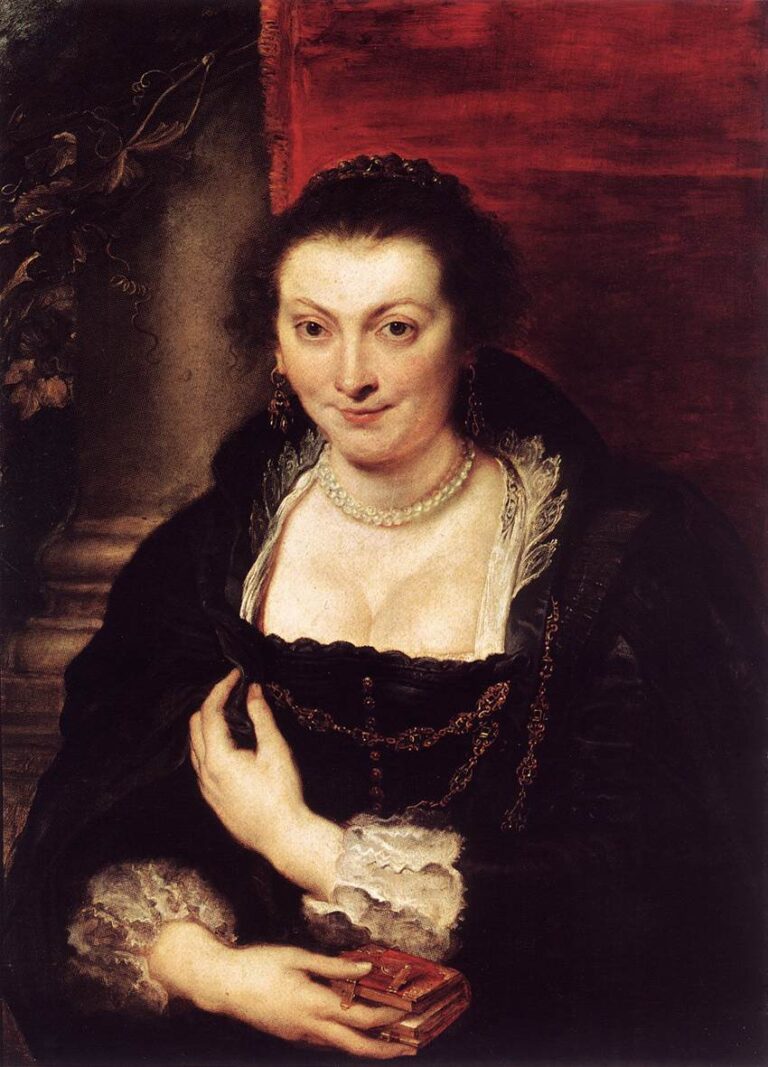 Half-length portrait of Isabella Brant by Peter Paul Rubens, 1626, showing a woman in a black silk gown with lace cuffs and pearl necklace, holding a small red book, framed by a red hanging and a stone column with vine.