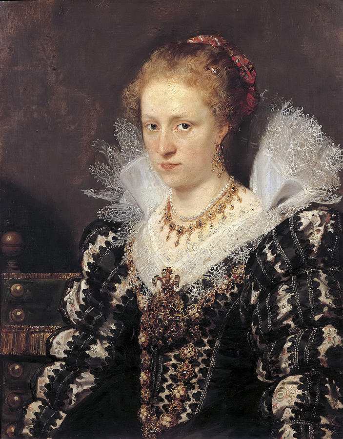 Baroque portrait by Peter Paul Rubens of Jacqueline Van Caestre, a Flemish noblewoman seated three-quarter length in a dark interior, wearing a black and white embroidered dress with a high lace ruff, elaborate gold jewelry, and a red hair ornament, looking directly at the viewer with a composed expression.