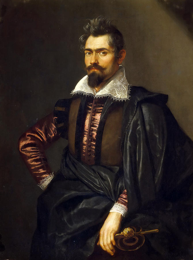 Portrait of Kaspar Scioppius seated against a dark background, wearing a black cloak, satin burgundy doublet, and lace collar, with one hand on his hip and the other holding a sword hilt.