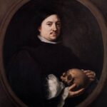 Seventeenth century portrait of Nicolas Omasur by Bartolome Esteban Murillo, showing a dark clad man within an oval frame, calmly facing the viewer while gently holding a human skull in his hands against a dark background.