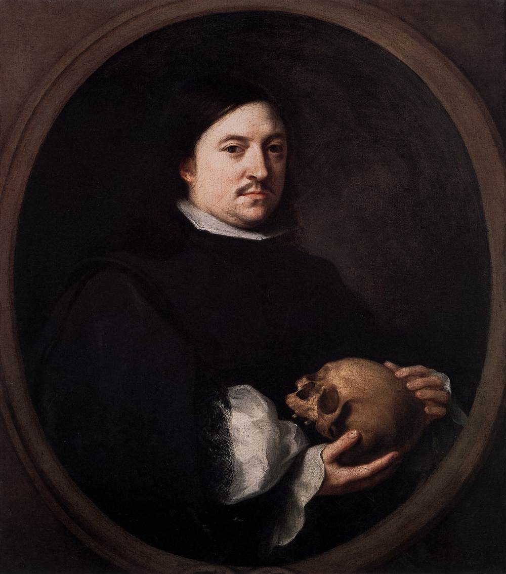 Seventeenth century portrait of Nicolas Omasur by Bartolome Esteban Murillo, showing a dark clad man within an oval frame, calmly facing the viewer while gently holding a human skull in his hands against a dark background.