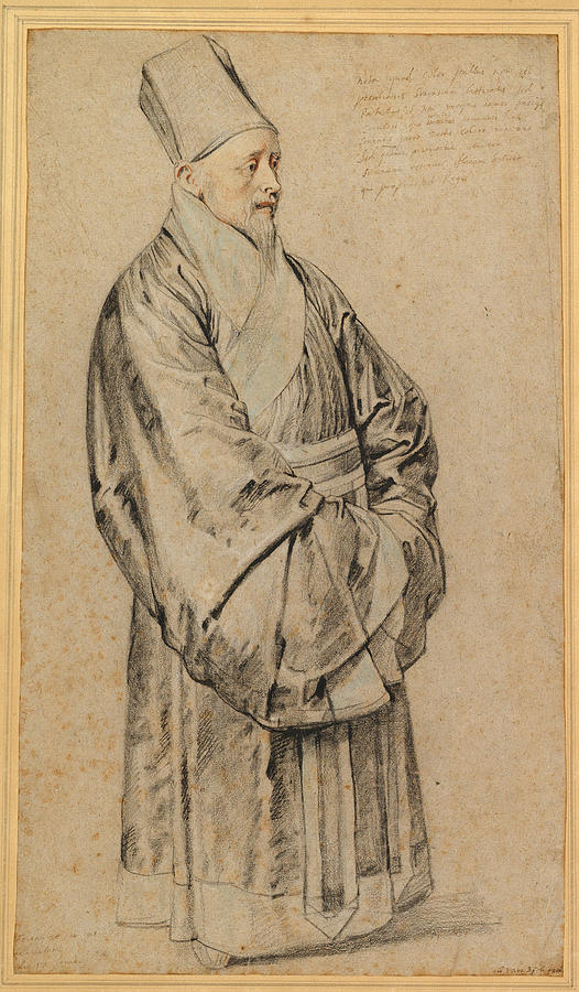 Drawing by Peter Paul Rubens showing Jesuit missionary Nicolas Trigault standing in profile, wearing a tall Chinese scholar’s hat and long flowing robe with his hands folded in wide sleeves against a plain background.