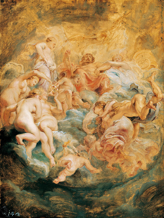 Baroque painting “Psyche Taken up into Olympus” by Peter Paul Rubens showing the nude Psyche and Cupid surrounded by swirling blue clouds and a ring of gods and nymphs, all bathed in golden light as Jupiter sits enthroned above with his eagle and chariot, welcoming her into Olympus.