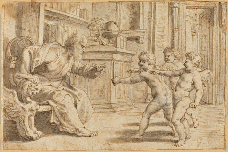 Monochrome drawing by Peter Paul Rubens showing an elderly scholar seated in a carved armchair reaching toward three advancing winged putti inside a study filled with books, a globe, and receding architectural lines.