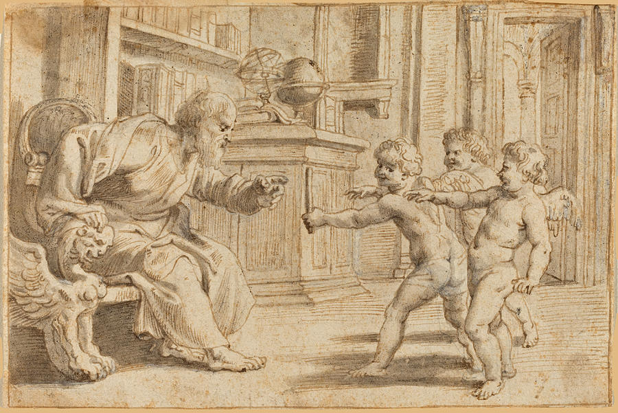 Monochrome drawing by Peter Paul Rubens showing an elderly scholar seated in a carved armchair reaching toward three advancing winged putti inside a study filled with books, a globe, and receding architectural lines.