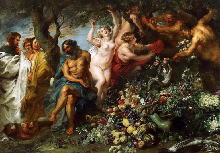 Large Baroque scene by Peter Paul Rubens showing Pythagoras teaching at left beneath a tree, a nude nymph reaching for fruit at center, rowdy satyrs at right, and an immense foreground cornucopia of fruits and vegetables that spills across the ground.