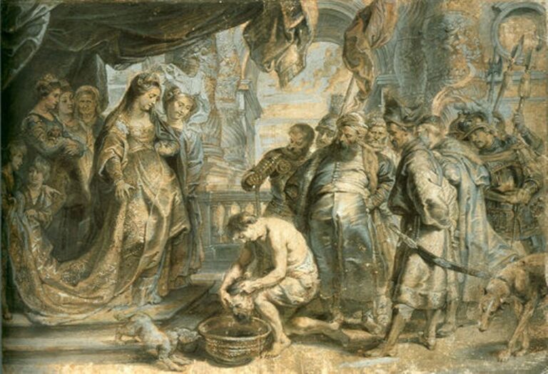 Baroque painting by Peter Paul Rubens showing Queen Tomyris in rich robes overseeing an executioner who plunges the severed head of Cyrus into a basin of blood, surrounded by soldiers, courtiers, and grand classical architecture.