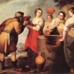 Painting of the biblical scene “Rebecca and Eliezer” by Murillo showing a weary traveler drinking from a vessel offered by a young woman in a red dress beside a stone well, with other women carrying water jars and a distant camel caravan in a soft, sunlit landscape.