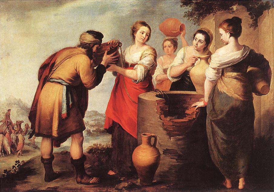 Painting of the biblical scene “Rebecca and Eliezer” by Murillo showing a weary traveler drinking from a vessel offered by a young woman in a red dress beside a stone well, with other women carrying water jars and a distant camel caravan in a soft, sunlit landscape.