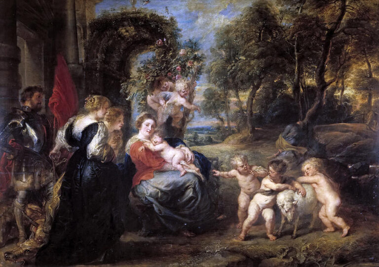 Baroque painting by Peter Paul Rubens showing the Virgin Mary seated with the sleeping Christ Child on her lap, attended by saints and an armored knight on the left, while cherubs crown her with flowers and playful putti lead a lamb in a sunlit forest landscape.
