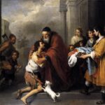 Baroque painting by Bartolome Esteban Murillo showing the prodigal son kneeling in rags as his elderly father embraces him at the doorway, surrounded by family, servants, a calf, and a small white dog.
