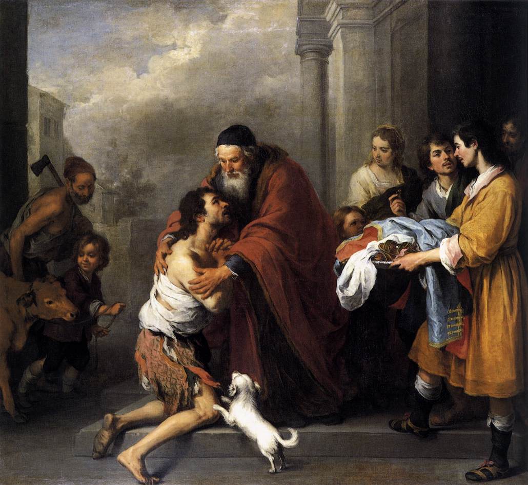 Baroque painting by Bartolome Esteban Murillo showing the prodigal son kneeling in rags as his elderly father embraces him at the doorway, surrounded by family, servants, a calf, and a small white dog.