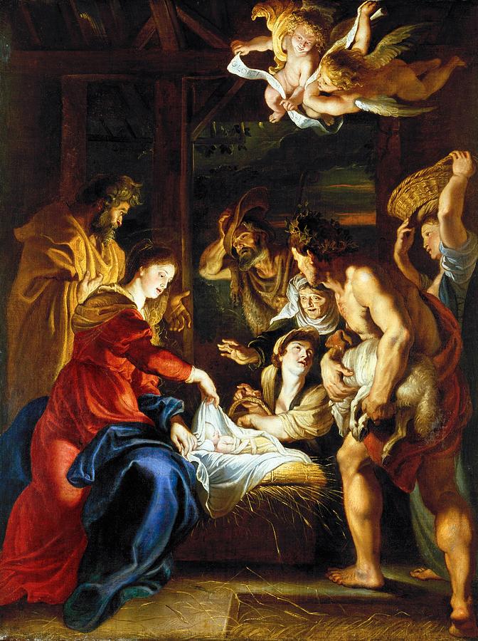 Peter Paul Rubens painting of the Nativity showing Mary unveiling the newborn Christ in a straw filled stable as Joseph and a group of shepherds crowd around in adoration, with two glowing angels hovering above.