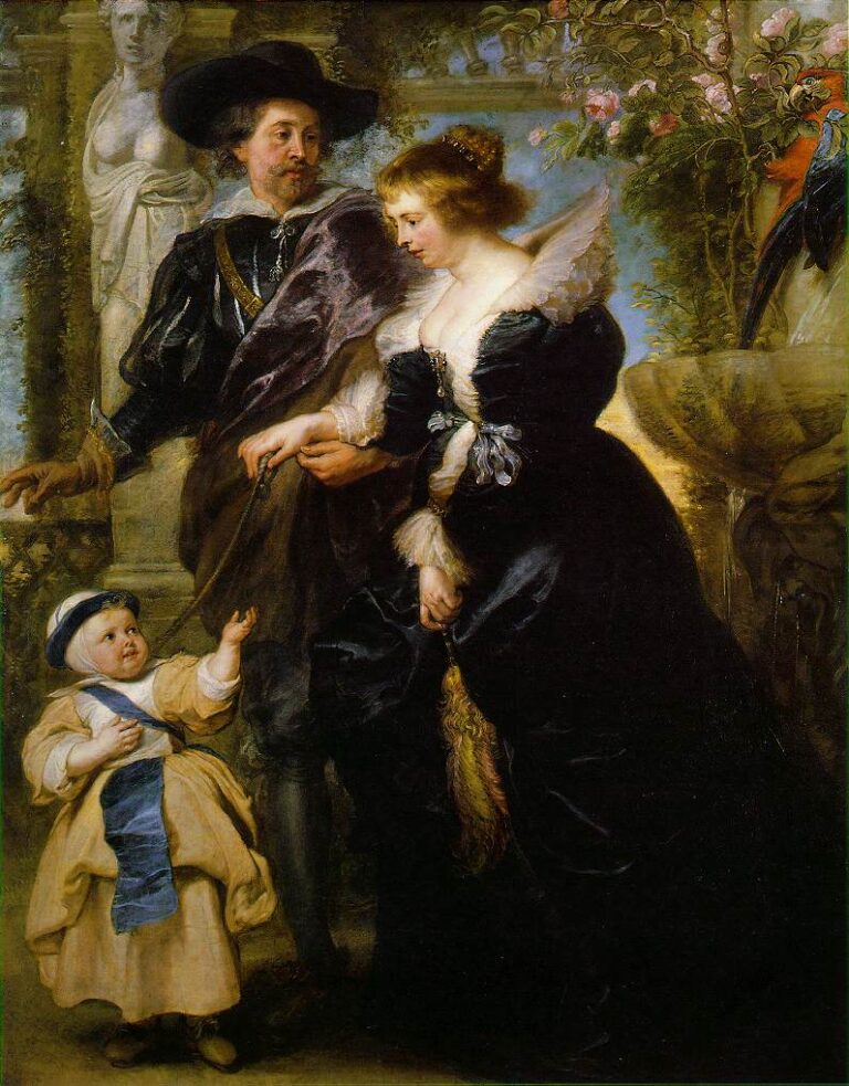 Baroque painting by Peter Paul Rubens showing the artist in a dark cloak and broad hat standing in a garden beside his elegantly dressed wife Helena Fourment, who holds his hand while looking toward their small son in a cream and blue outfit reaching up to her, with classical sculpture, flowers, and a colorful parrot in the background.