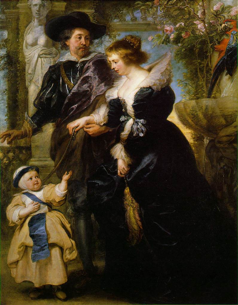 Baroque painting by Peter Paul Rubens showing the artist in a dark cloak and broad hat standing in a garden beside his elegantly dressed wife Helena Fourment, who holds his hand while looking toward their small son in a cream and blue outfit reaching up to her, with classical sculpture, flowers, and a colorful parrot in the background.