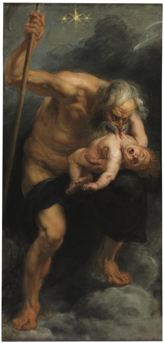 Vertical Baroque painting by Peter Paul Rubens depicting the muscular, gray-bearded titan Saturn standing on clouds, gripping a writhing nude child and biting its chest while holding a scythe, with an hourglass floating above in a dark, stormy sky.