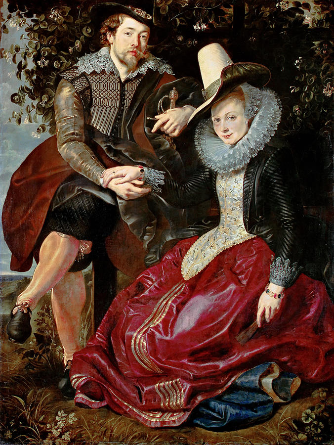 Peter Paul Rubens and his first wife Isabella Brant seated closely together in a honeysuckle covered garden bower, dressed in elaborate seventeenth century clothing, holding hands as they look toward the viewer.