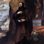Baroque painting by Murillo showing Saint Adelelmus in a brown monk’s habit standing barefoot in a cave, one hand on his chest and the other holding a book and rosary, with discarded armor on a red cloth, an altar and bishop figure behind him, and a distant bridge landscape under a luminous sky.