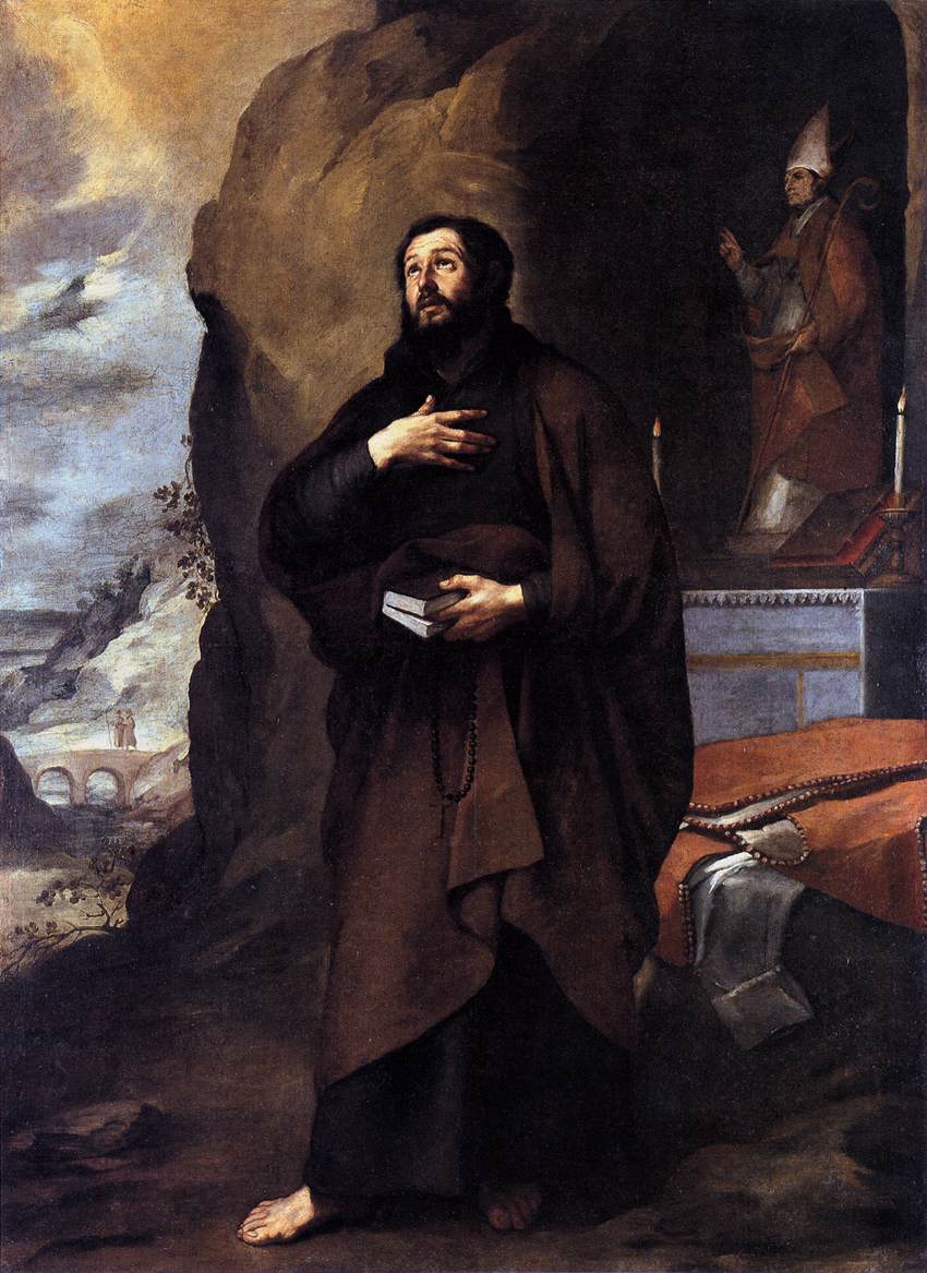 Baroque painting by Murillo showing Saint Adelelmus in a brown monk’s habit standing barefoot in a cave, one hand on his chest and the other holding a book and rosary, with discarded armor on a red cloth, an altar and bishop figure behind him, and a distant bridge landscape under a luminous sky.