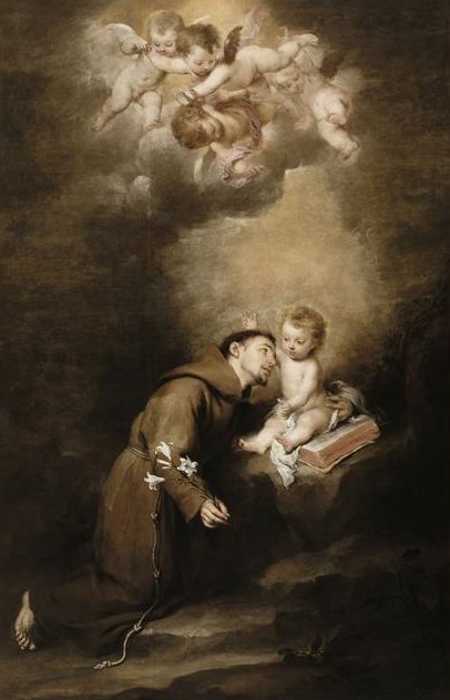 Vertical Baroque painting of Saint Anthony in a brown habit kneeling before the Infant Jesus seated on a book, with soft golden light and a group of cherubs in a cloud above them.