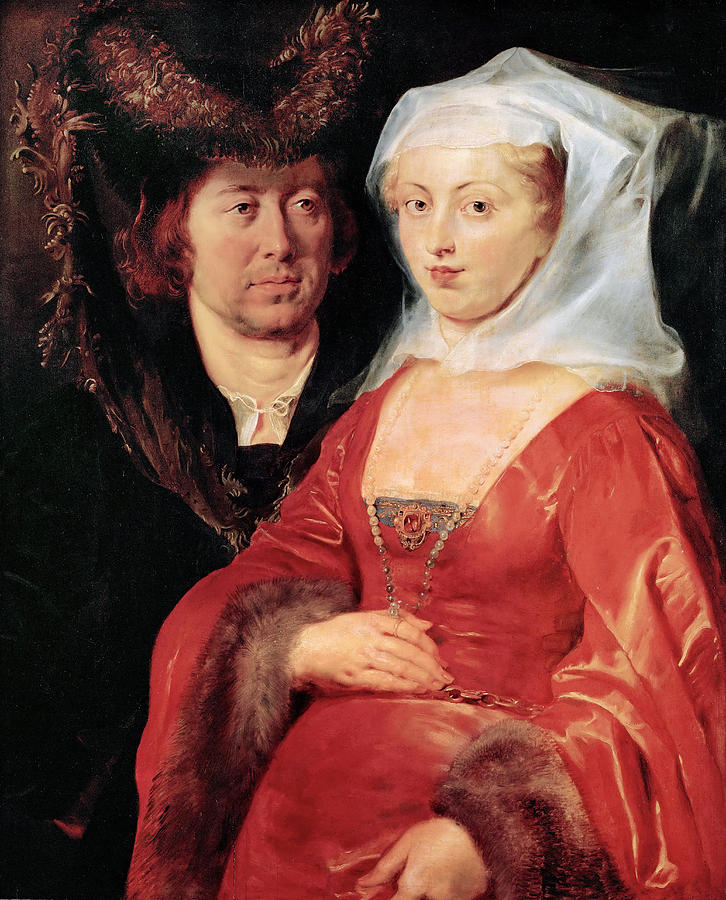 Baroque double portrait by Peter Paul Rubens showing a woman in a bright red fur-trimmed dress and white veil seated in the foreground, with her husband in dark clothing and an elaborate feathered hat standing just behind her, both against a dark background.