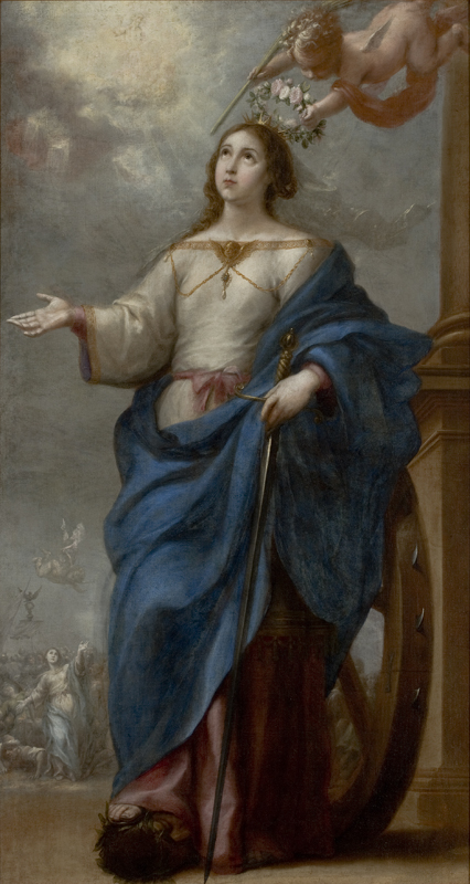Vertical Baroque painting of Saint Catherine of Alexandria by Murillo showing the saint in white and blue robes standing beside a spiked wheel, a sword in her hand, a crowned head under her foot and a cherub placing a floral crown on her head as she looks up toward a luminous sky.