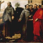 Painting by Bartolomé Esteban Murillo showing Saint Didacus of Alcalá in a grey Franciscan habit standing in ecstasy before a wooden cross while a cardinal in red robes and several clerics watch, with convent buildings and a palm tree in the background.