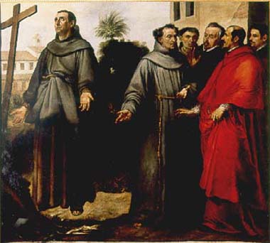 Painting by Bartolomé Esteban Murillo showing Saint Didacus of Alcalá in a grey Franciscan habit standing in ecstasy before a wooden cross while a cardinal in red robes and several clerics watch, with convent buildings and a palm tree in the background.