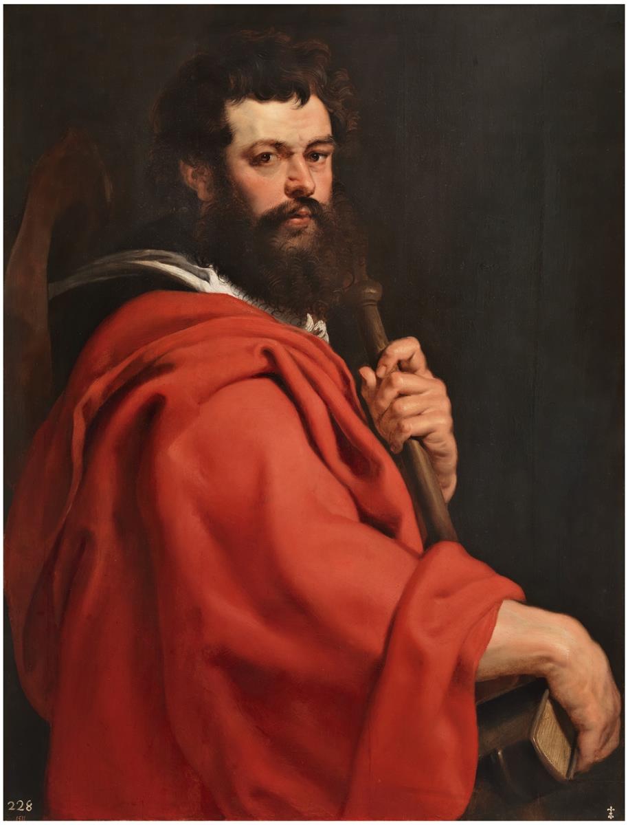 Half length Baroque portrait by Rubens showing Saint James the Greater wearing a voluminous red cloak, holding a pilgrim’s staff over his shoulder and a closed book in one hand, set against a dark background with a direct, thoughtful gaze.