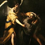 Baroque painting by Murillo showing Saint John of God in a brown habit carrying a wounded man on his shoulders while a luminous angel in a yellow robe and white wings steps forward from the darkness to support them.