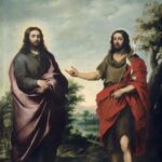 Painting by Bartolomé Esteban Murillo showing Christ standing at left in a violet cloak while Saint John the Baptist, barefoot in a camel skin tunic with a red drapery, stands at right pointing toward Jesus and holding a reed cross banner, set in a quiet landscape under a pale sky with small symbols of an eagle and a lamb above.