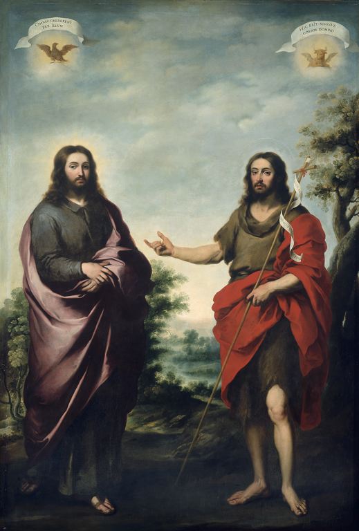 Painting by Bartolomé Esteban Murillo showing Christ standing at left in a violet cloak while Saint John the Baptist, barefoot in a camel skin tunic with a red drapery, stands at right pointing toward Jesus and holding a reed cross banner, set in a quiet landscape under a pale sky with small symbols of an eagle and a lamb above.