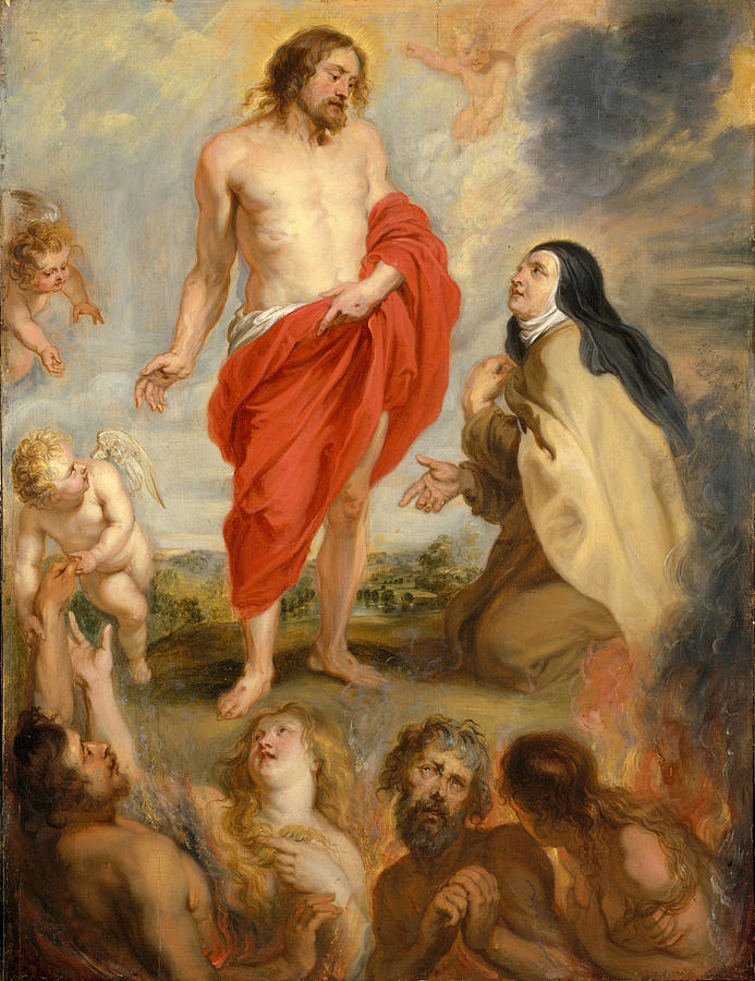 Baroque painting by Peter Paul Rubens showing the risen Christ draped in a red mantle standing on a hill while Saint Teresa of Avila kneels before him in a brown Carmelite habit, pleading for half-submerged souls in purgatorial flames below, as cherubs and angels hover around them in a glowing sky.