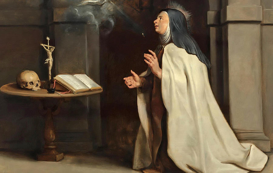 Painting by Peter Paul Rubens showing Saint Teresa of Avila kneeling in a stone cell, hands raised toward a small glowing dove of the Holy Spirit, with a table beside her holding a skull, crucifix, and open book.