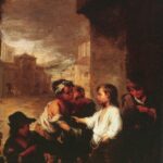 Baroque painting by Bartolomé Esteban Murillo showing the young Saint Thomas of Villanueva in a white shirt giving his clothes to a group of ragged beggar boys in a narrow city street under a cloudy sky.