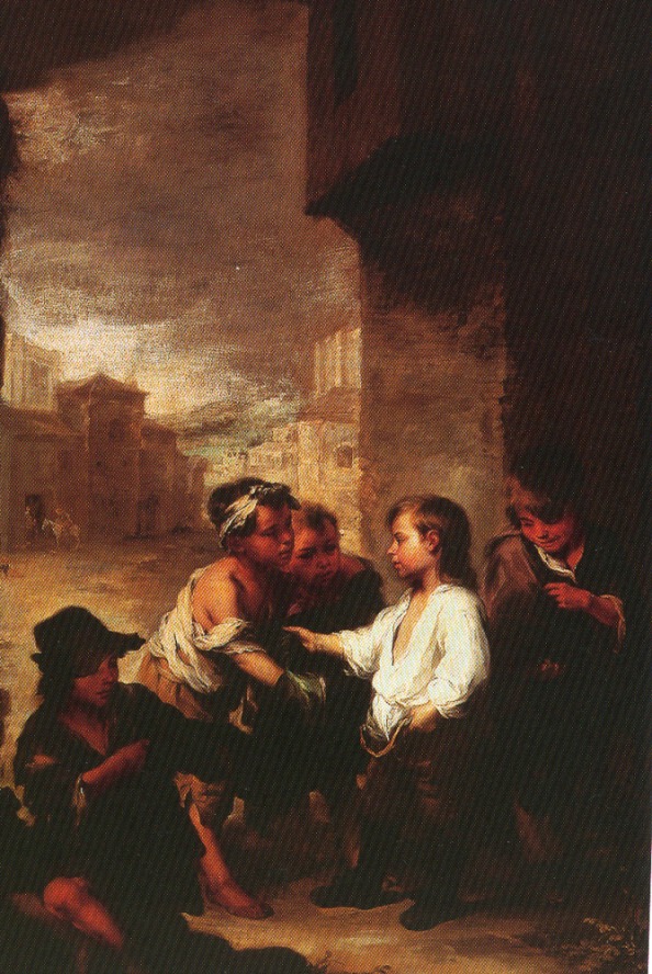 Baroque painting by Bartolomé Esteban Murillo showing the young Saint Thomas of Villanueva in a white shirt giving his clothes to a group of ragged beggar boys in a narrow city street under a cloudy sky.
