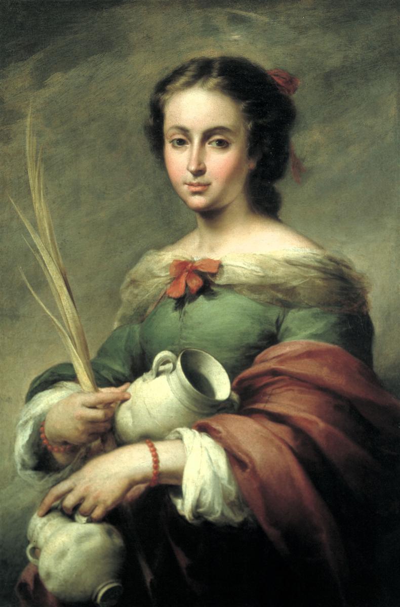 Murillo painting of Santa Rufina showing a young woman in green and red garments holding two clay jugs and a palm branch against a soft neutral background.