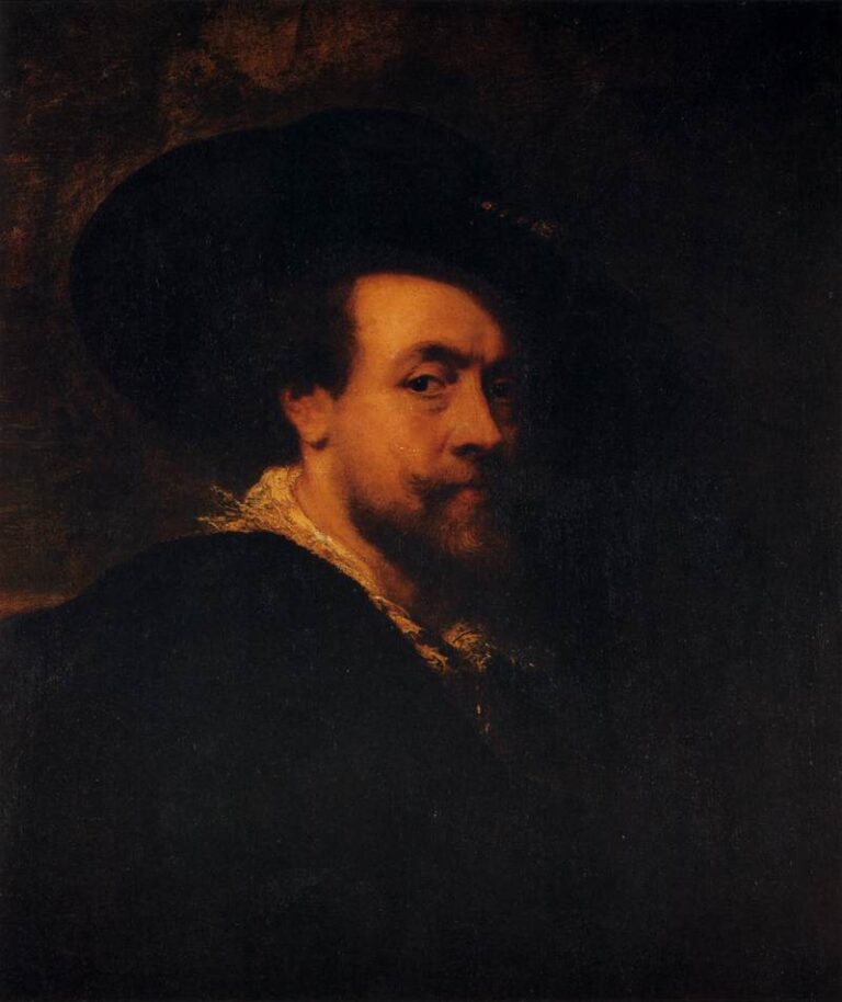 Half-length self-portrait by Peter Paul Rubens, 1625, showing the artist in a broad black hat and dark clothing, face turned in three-quarter view with one side illuminated, a small lace collar visible against a deep brown background.
