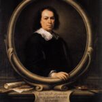 Baroque self portrait of Bartolome Esteban Murillo shown in black clothing with a white lace collar, framed inside a painted stone oval whose lower edge he touches, with a palette, brushes and a sheet of paper on a ledge and a Latin inscription below.